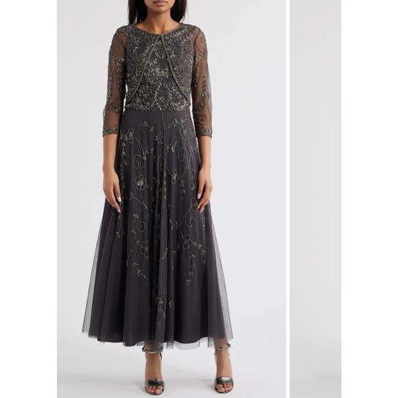 NWT Pisarro Nights Beaded Sequin Mesh Gown with Matching Jacket - Grey (Size 10) - Picture 1 of 16